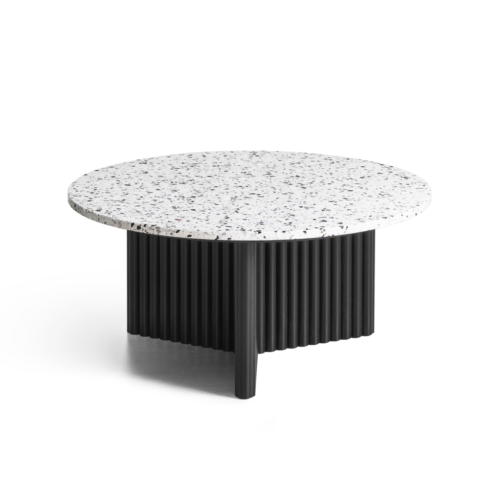 Modern Round Coffee Table with Ribbed Black Base – Minimalist Living Room Accent