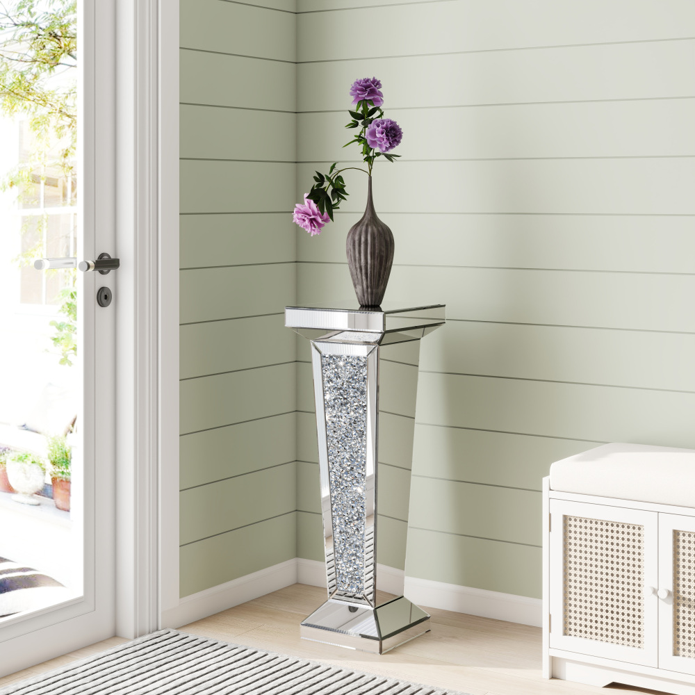 Tall Pedestal Mirrored Glass Top End Table