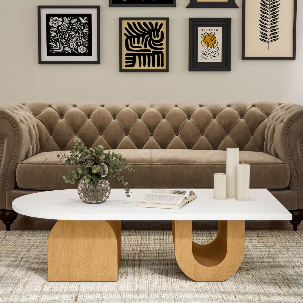 Modern Oval Coffee Table, Sculptural Wood Base Center Table with White Top