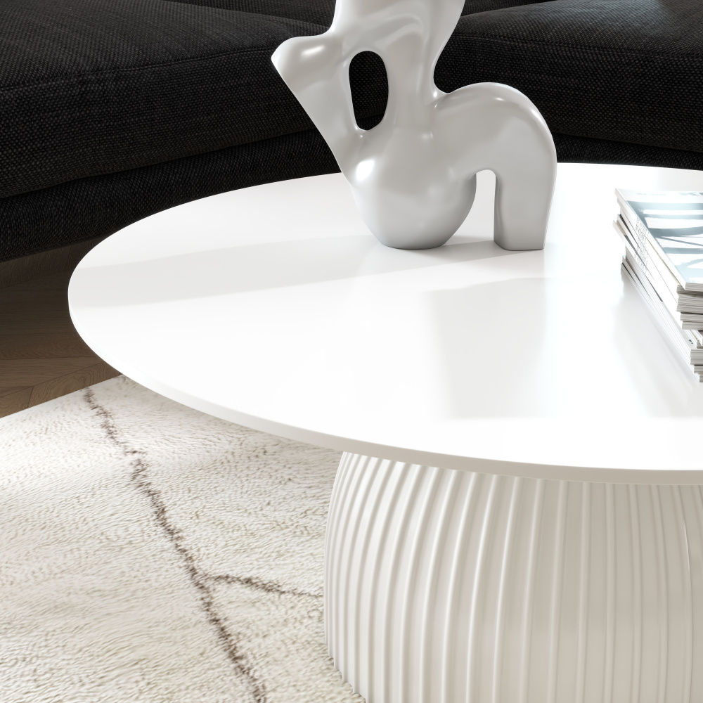 Modern Round Coffee Table, 35.4 inch White Drum Design, Contemporary Minimalist Living Room Table