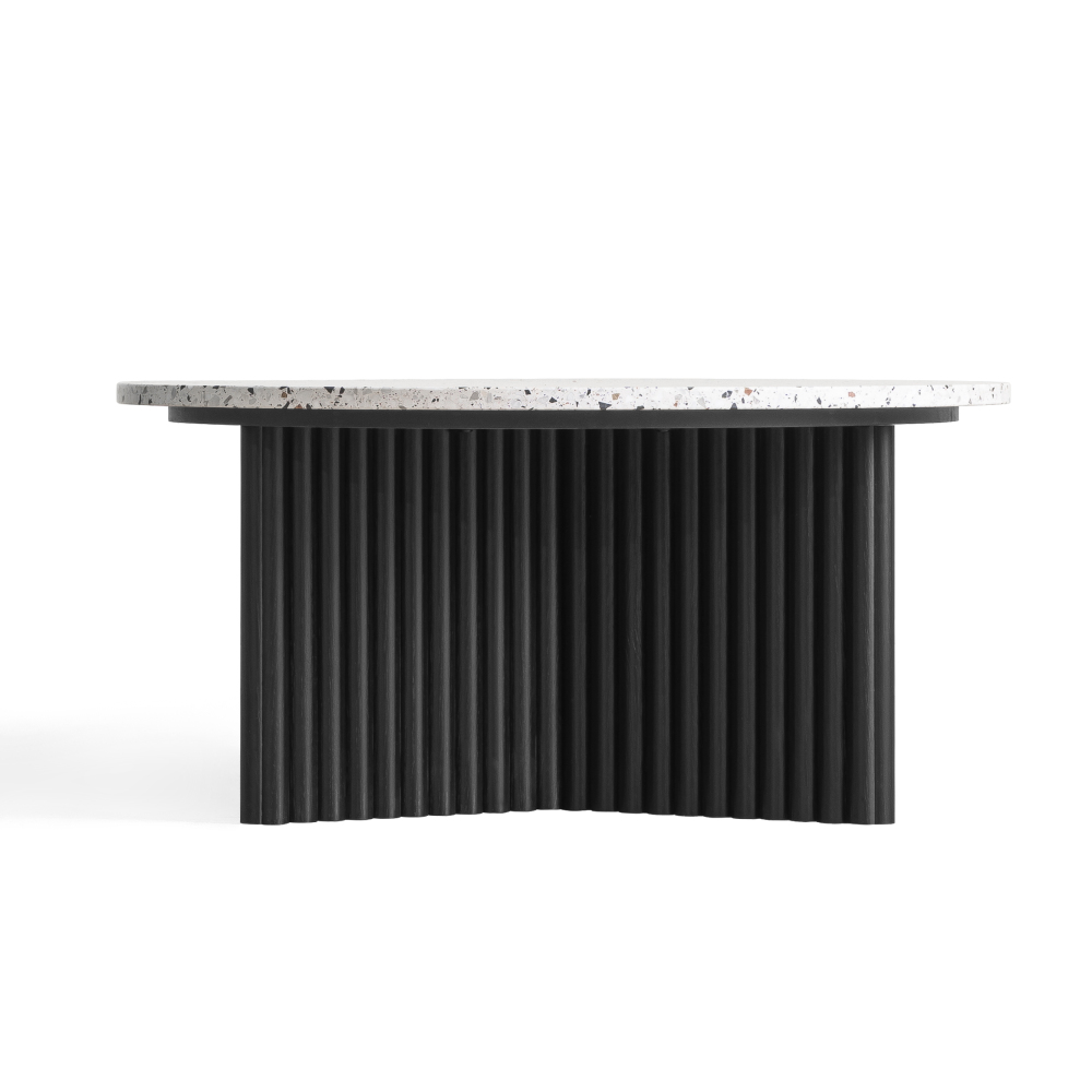 Modern Round Coffee Table with Ribbed Black Base – Minimalist Living Room Accent