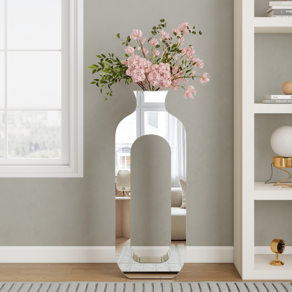 Large Floor Vase, 23.74“ Tall Mirrored Vase Glass for Floor Silver Rectangular Decorative Vases