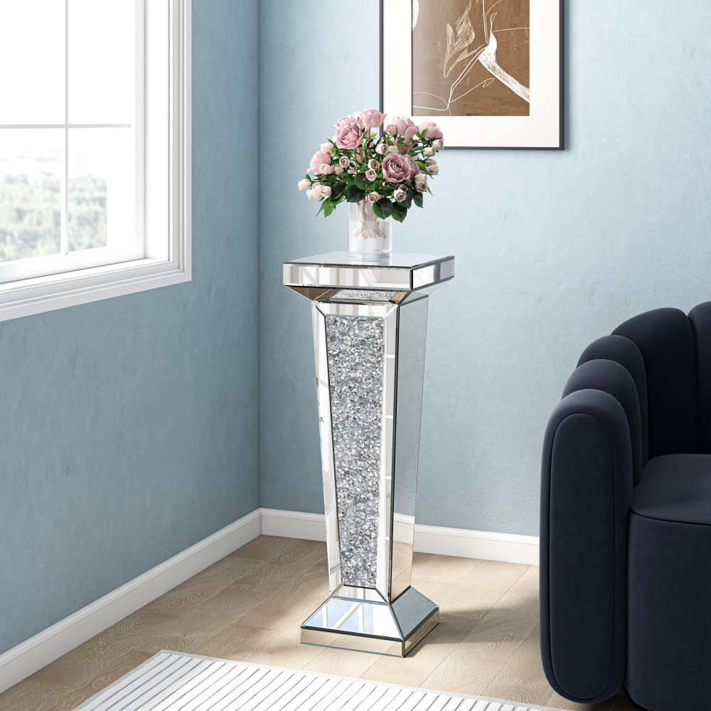 Tall Pedestal Mirrored Glass Top End Table