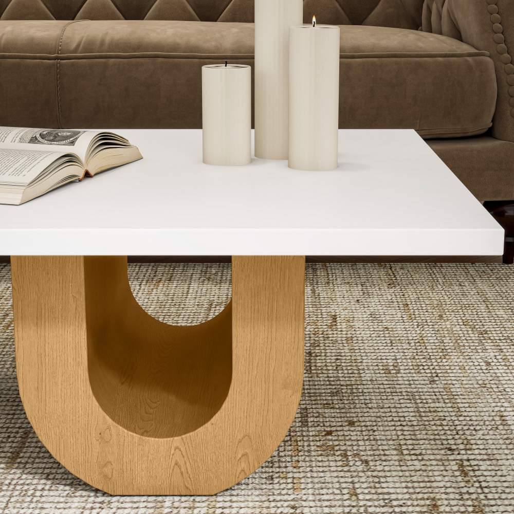 Modern Oval Coffee Table, Sculptural Wood Base Center Table with White Top