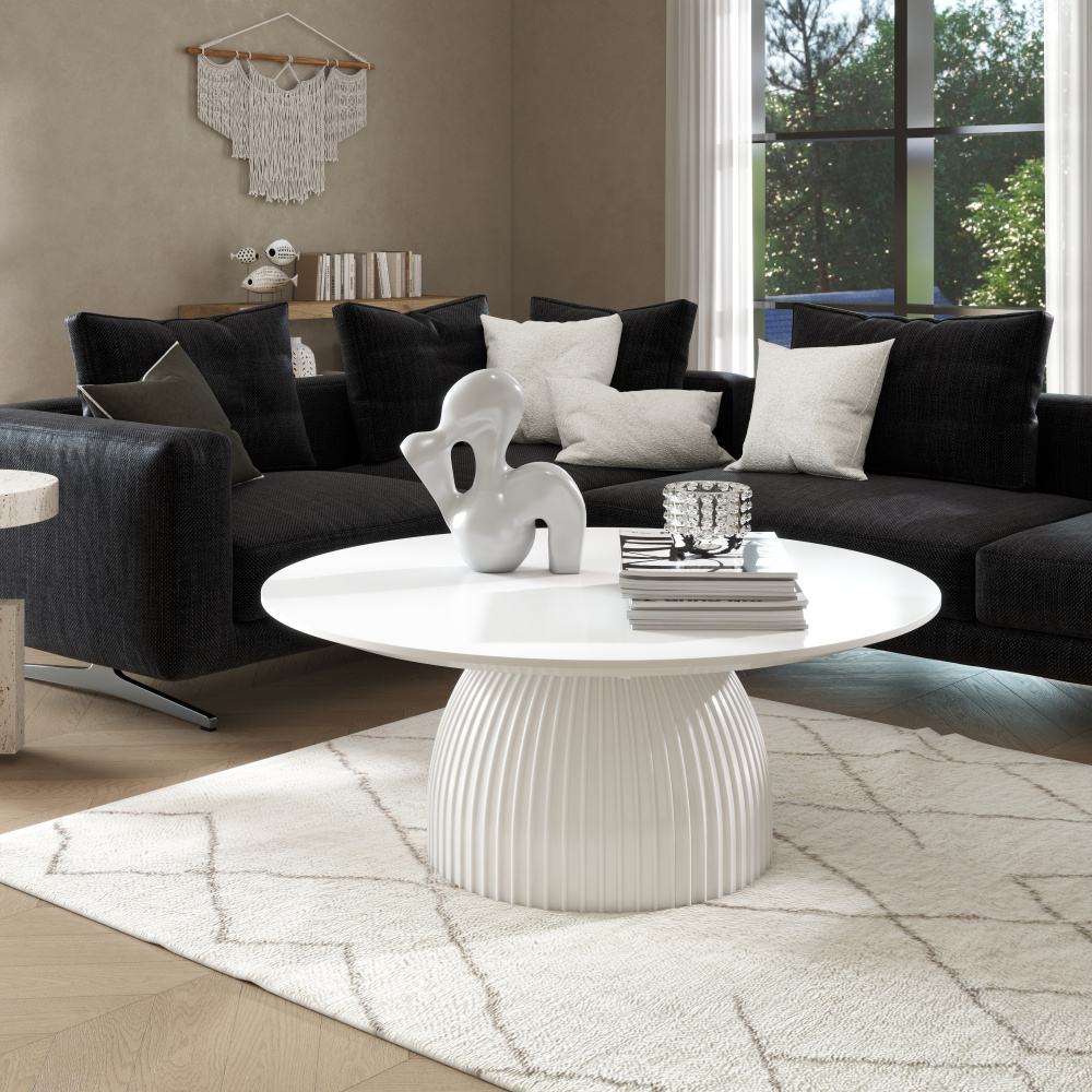 Modern Round Coffee Table, 35.4 inch White Drum Design, Contemporary Minimalist Living Room Table