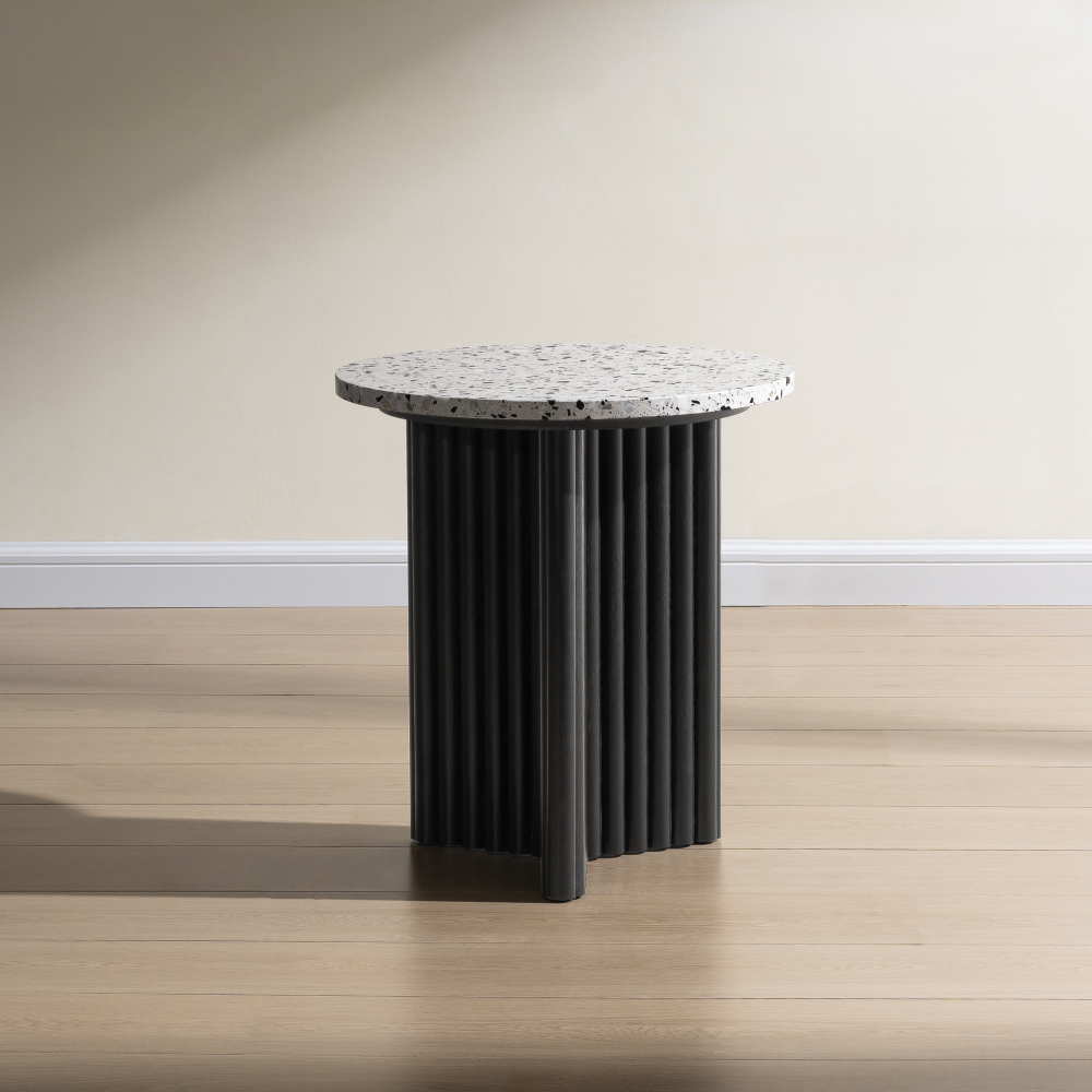 Modern Fluted Side Table, Stone End Table with Terrazzo Top & Black Fluted Ash Wood Base