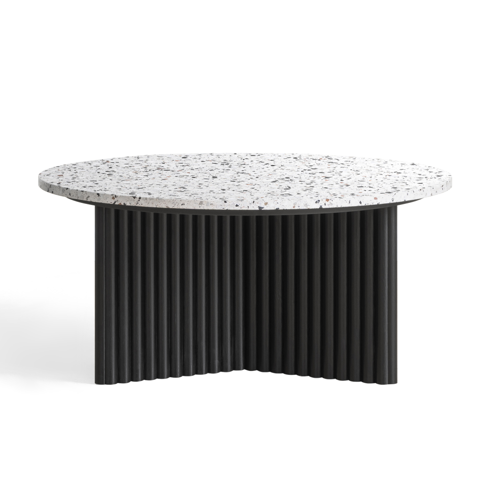 Modern Round Coffee Table with Ribbed Black Base – Minimalist Living Room Accent