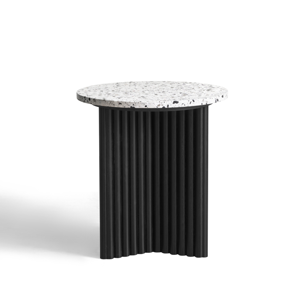 Modern Fluted Side Table, Stone End Table with Terrazzo Top & Black Fluted Ash Wood Base