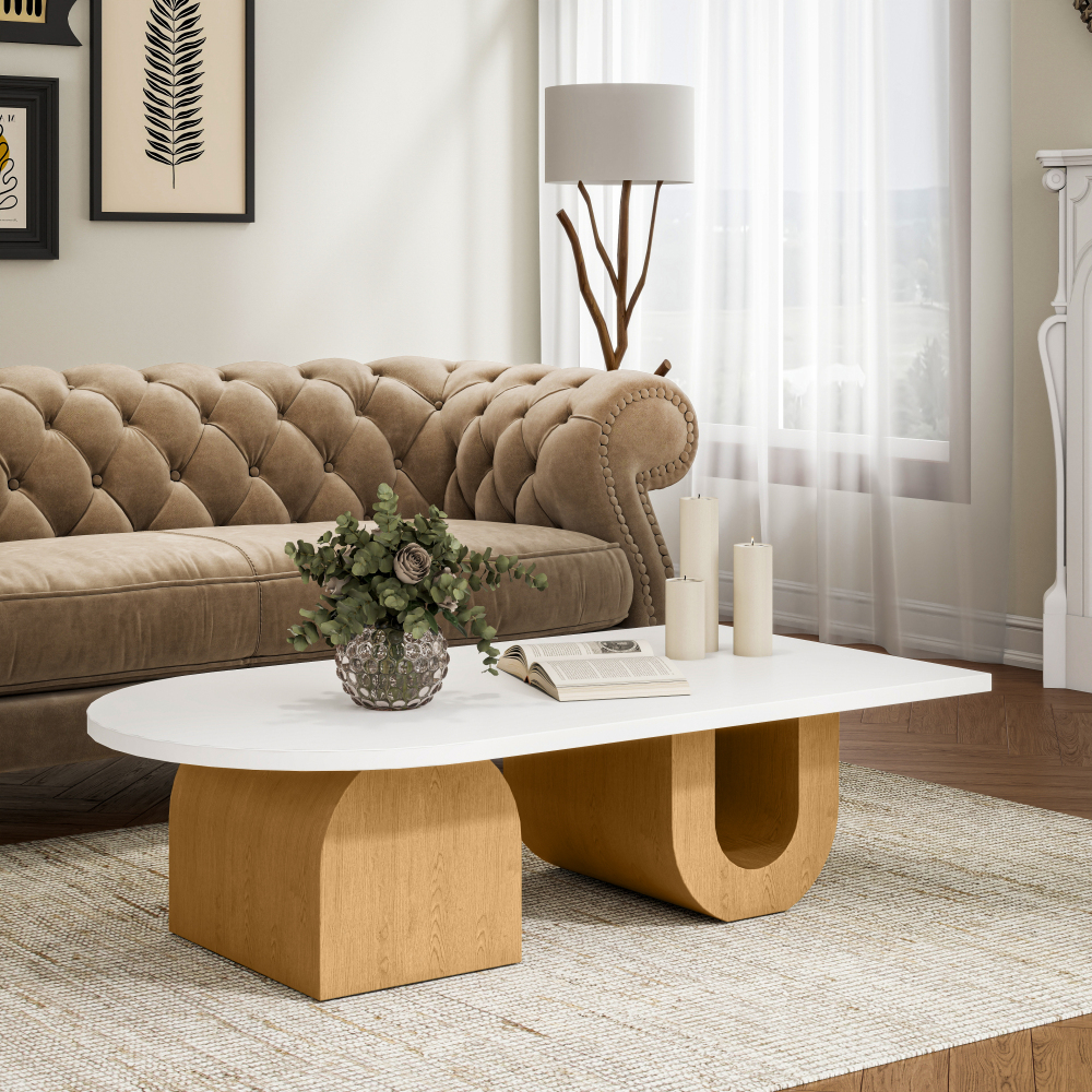 Modern Oval Coffee Table, Sculptural Wood Base Center Table with White Top