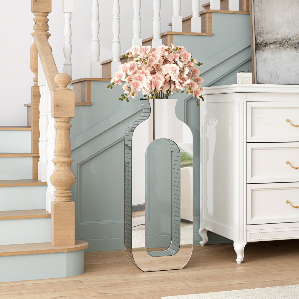 Large Floor Vase, 23.74“ Tall Mirrored Vase Glass for Floor Silver Rectangular Decorative Vases