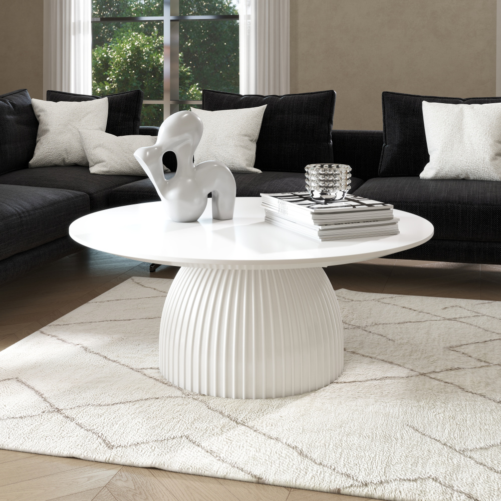 Modern Round Coffee Table, 35.4 inch White Drum Design, Contemporary Minimalist Living Room Table
