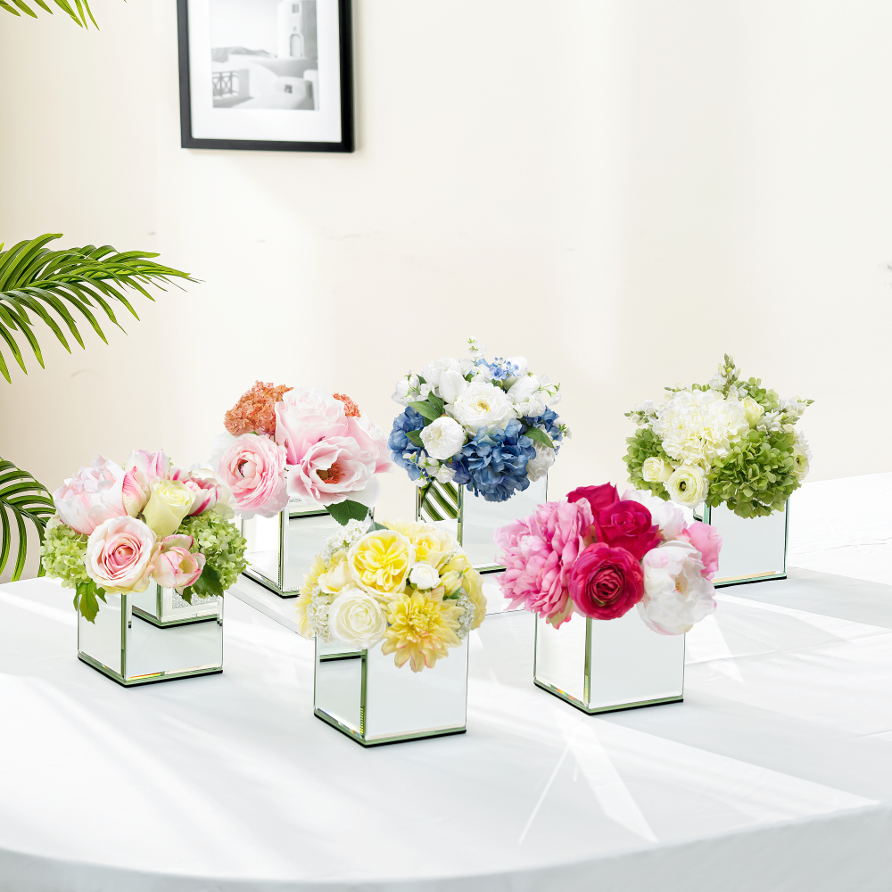 Set of 6 Mirrored Square Glass Vases 4" x4" x4", Silver Flower Vases for Centerpieces