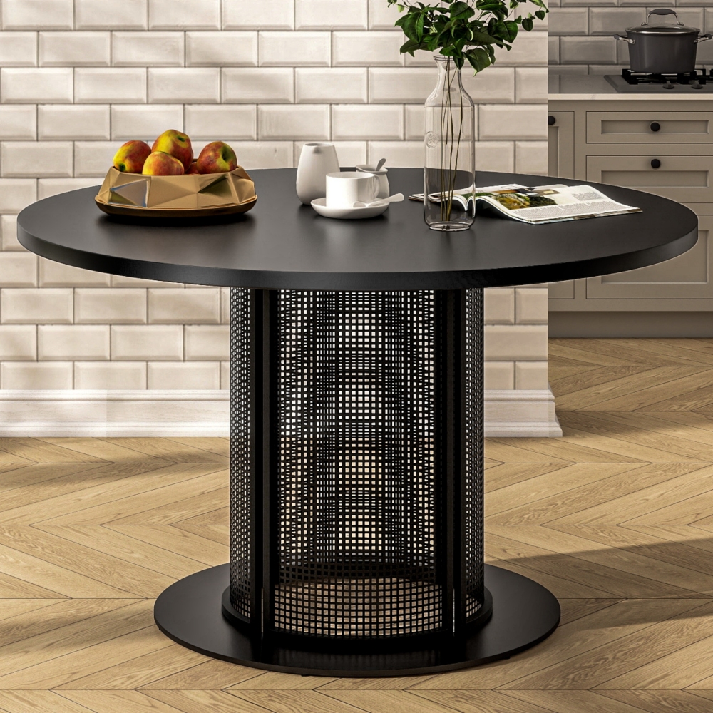 Round Metal Dining Table with Mesh Pedestal Base - -27.68'' H X 47.24'' W X 47.24'' D