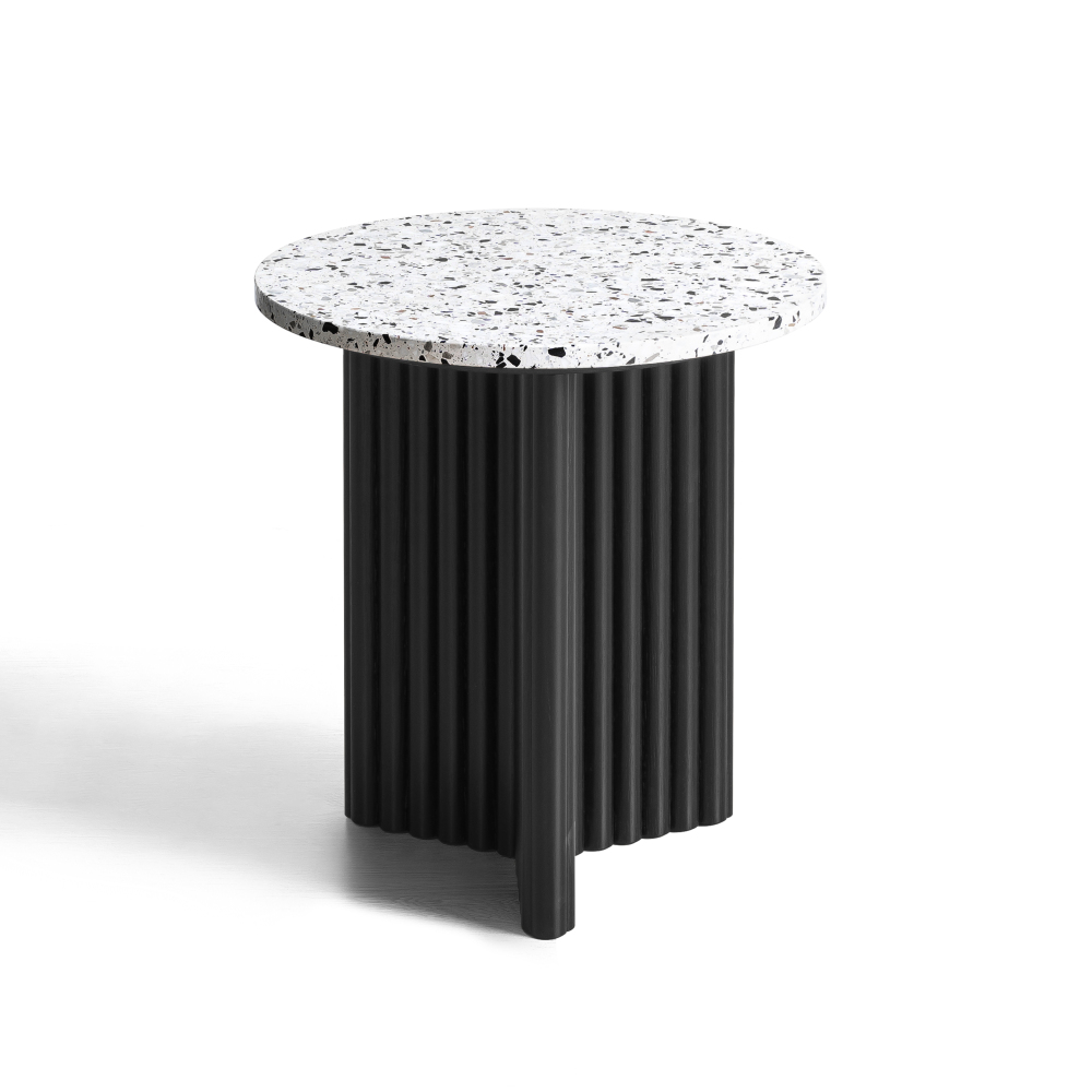 Modern Fluted Side Table, Stone End Table with Terrazzo Top & Black Fluted Ash Wood Base