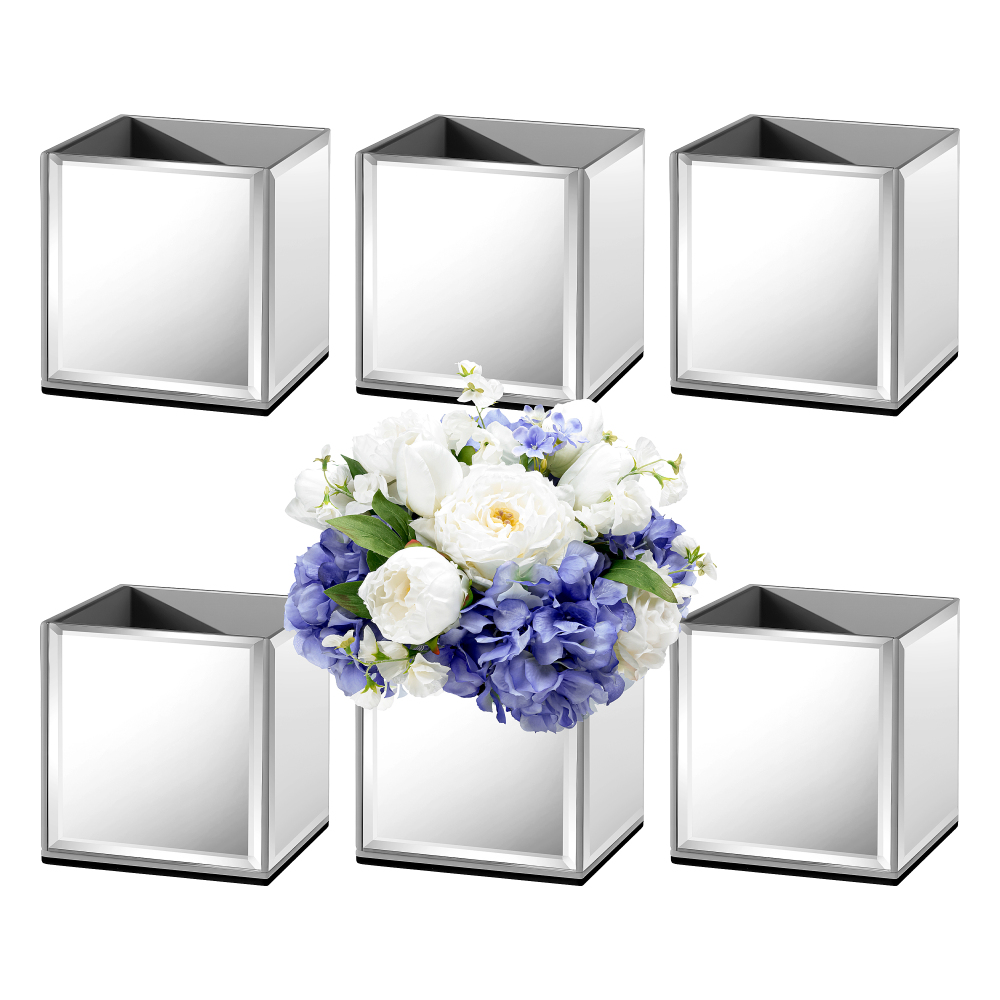 Set of 6 Mirrored Square Glass Vases 4" x4" x4", Silver Flower Vases for Centerpieces