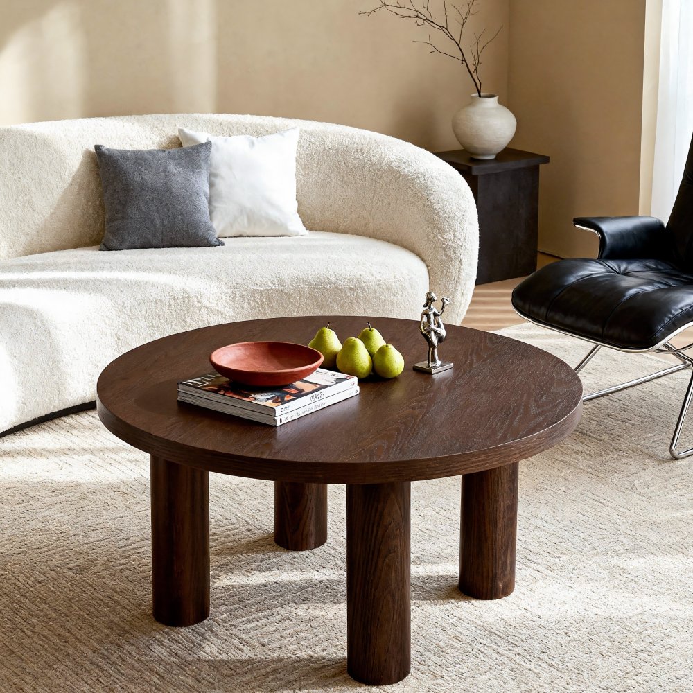 Modern Round Coffee Table with Solid Wood Legs – Stylish Centerpiece for Living Room with Neutral Tones and Elegant Floral Arrangement