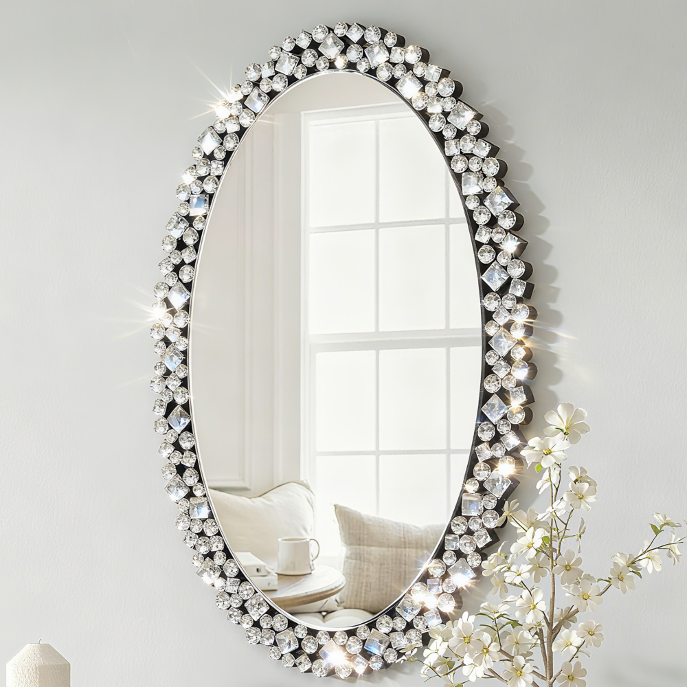 Oval Wall Mirrors Decorative, 23.6x35.4 Ornate Accent Mirror Crystal Frameless Mirror