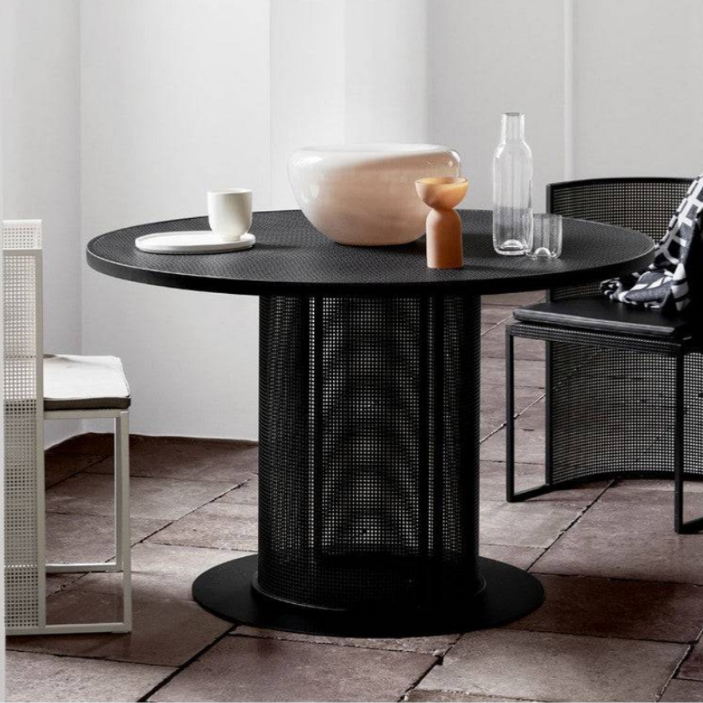Round Metal Dining Table with Mesh Pedestal Base - -27.68'' H X 47.24'' W X 47.24'' D