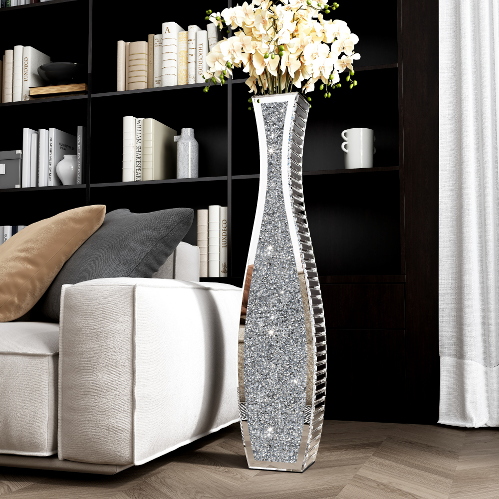 36" Tall Crushed Diamond Floor Vase Silver Mirrored Tall Vases for Floor Large Crystal Decorative Glass Standing Vase