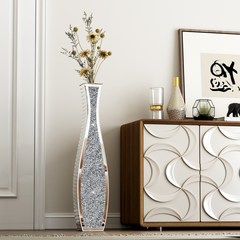 36" Tall Crushed Diamond Floor Vase Silver Mirrored Tall Vases for Floor Large Crystal Decorative Glass Standing Vase