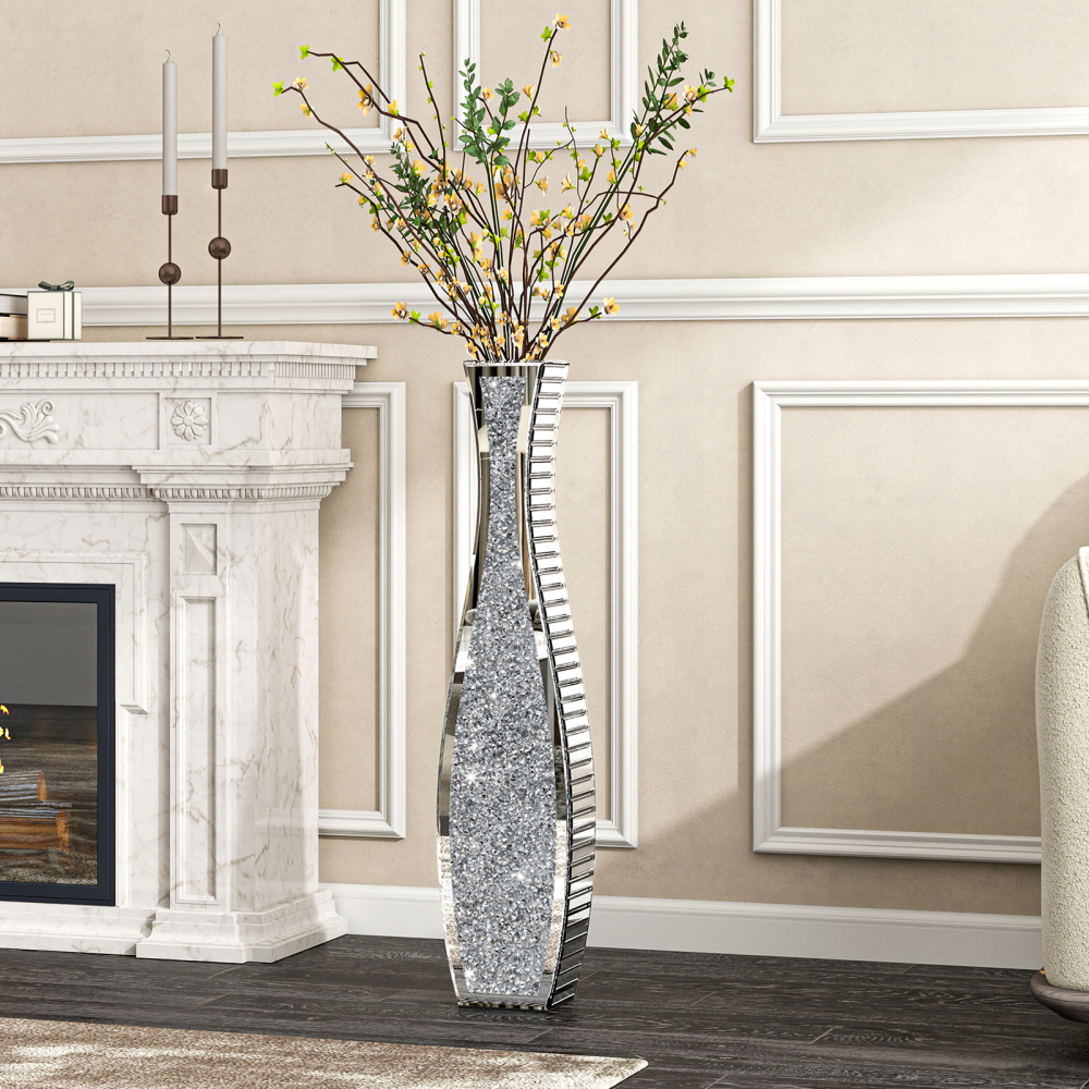 36" Tall Crushed Diamond Floor Vase Silver Mirrored Tall Vases for Floor Large Crystal Decorative Glass Standing Vase