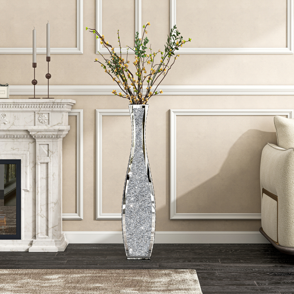 36" Tall Crushed Diamond Floor Vase Silver Mirrored Tall Vases for Floor Large Crystal Decorative Glass Standing Vase