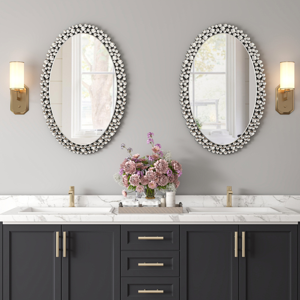 Oval Wall Mirrors Decorative, 23.6x35.4 Ornate Accent Mirror Crystal Frameless Mirror