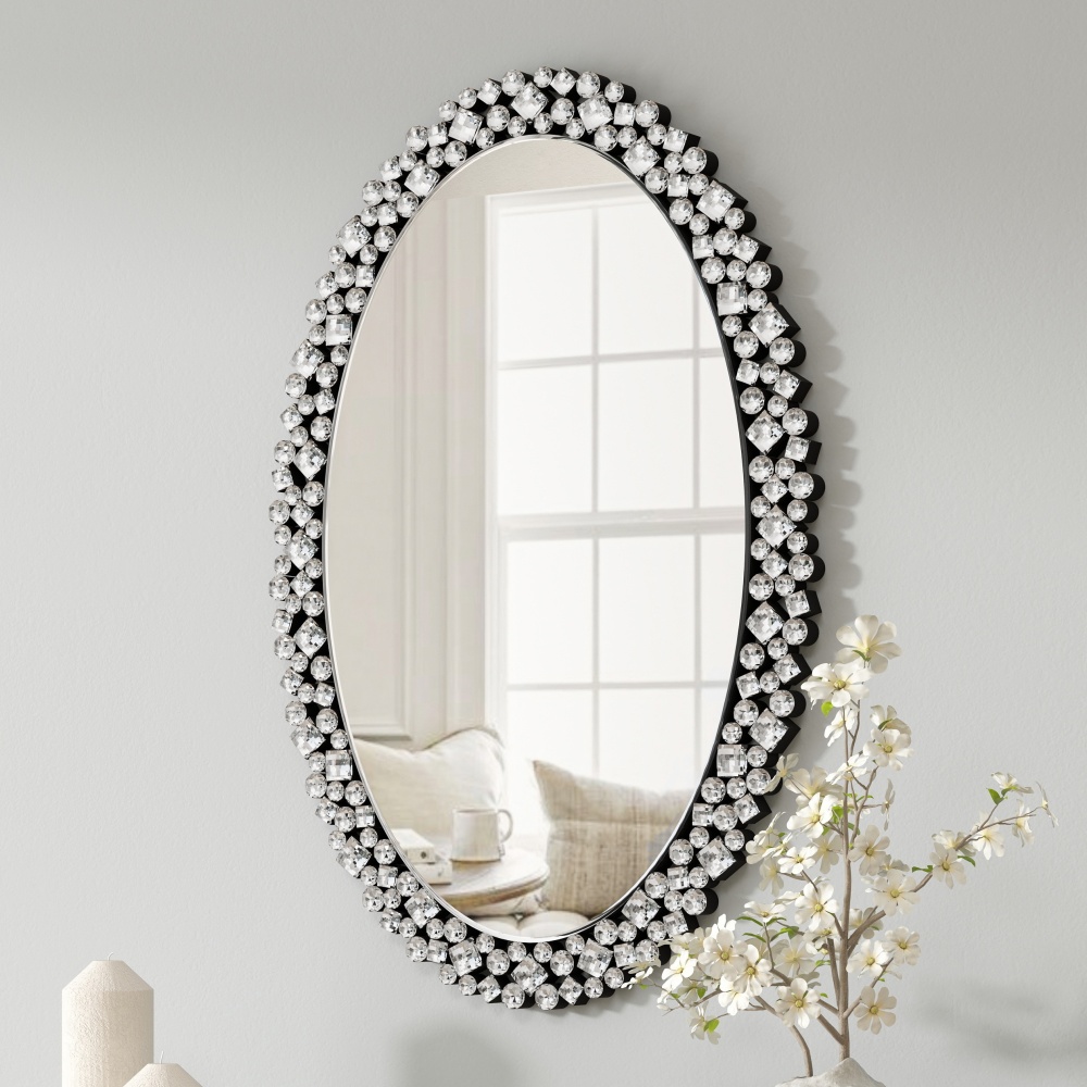 Oval Wall Mirrors Decorative, 23.6x35.4 Ornate Accent Mirror Crystal Frameless Mirror