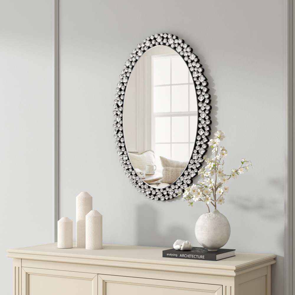 Oval Wall Mirrors Decorative, 23.6x35.4 Ornate Accent Mirror Crystal Frameless Mirror