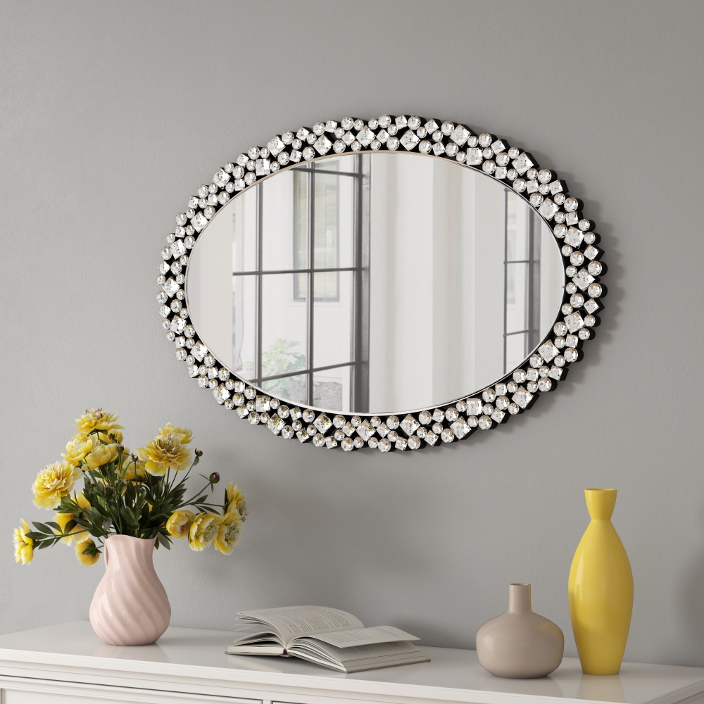 Oval Wall Mirrors Decorative, 23.6x35.4 Ornate Accent Mirror Crystal Frameless Mirror