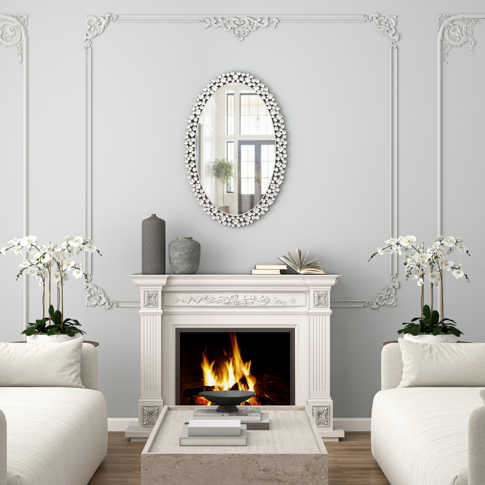 Oval Wall Mirrors Decorative, 23.6x35.4 Ornate Accent Mirror Crystal Frameless Mirror