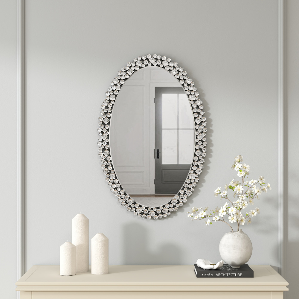 Oval Wall Mirrors Decorative, 23.6x35.4 Ornate Accent Mirror Crystal Frameless Mirror
