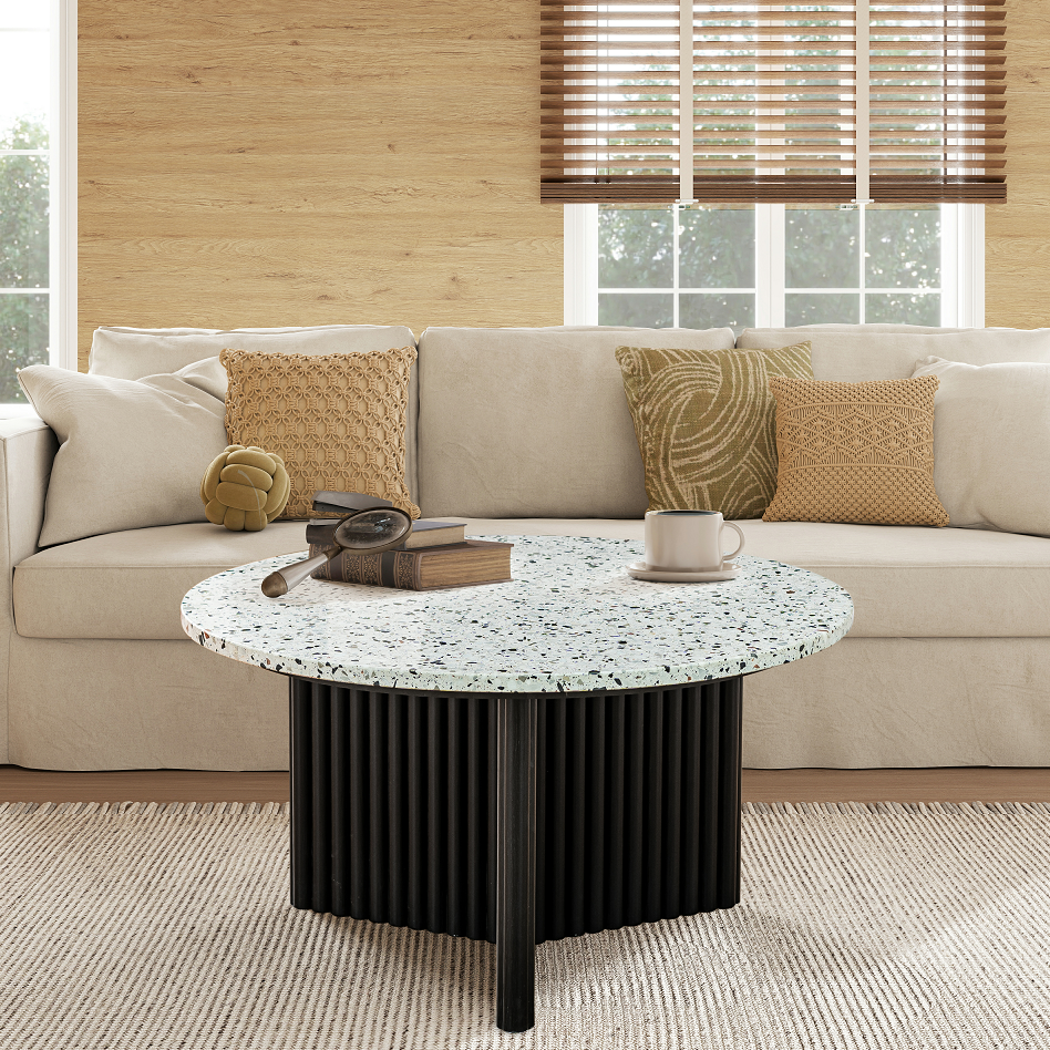 Modern Round Coffee Table with Ribbed Black Base – Minimalist Living Room Accent