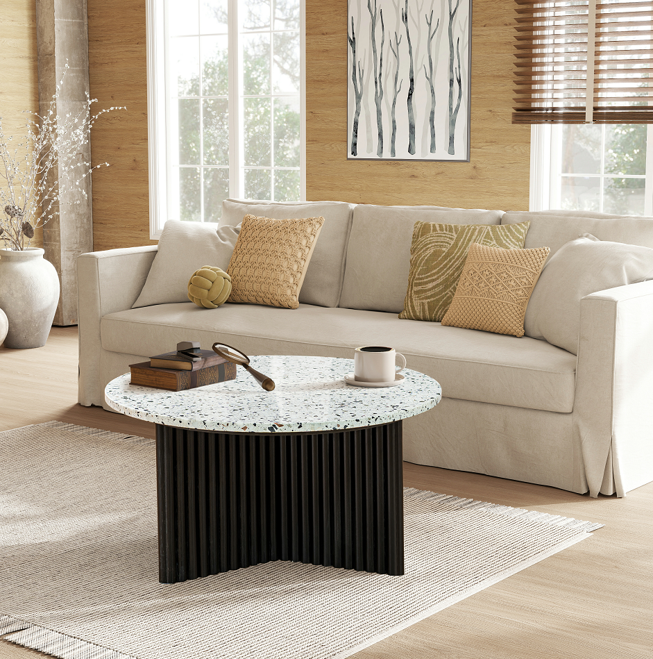 Modern Round Coffee Table with Ribbed Black Base – Minimalist Living Room Accent