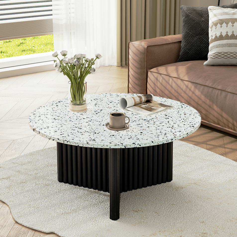 Modern Round Coffee Table with Ribbed Black Base – Minimalist Living Room Accent