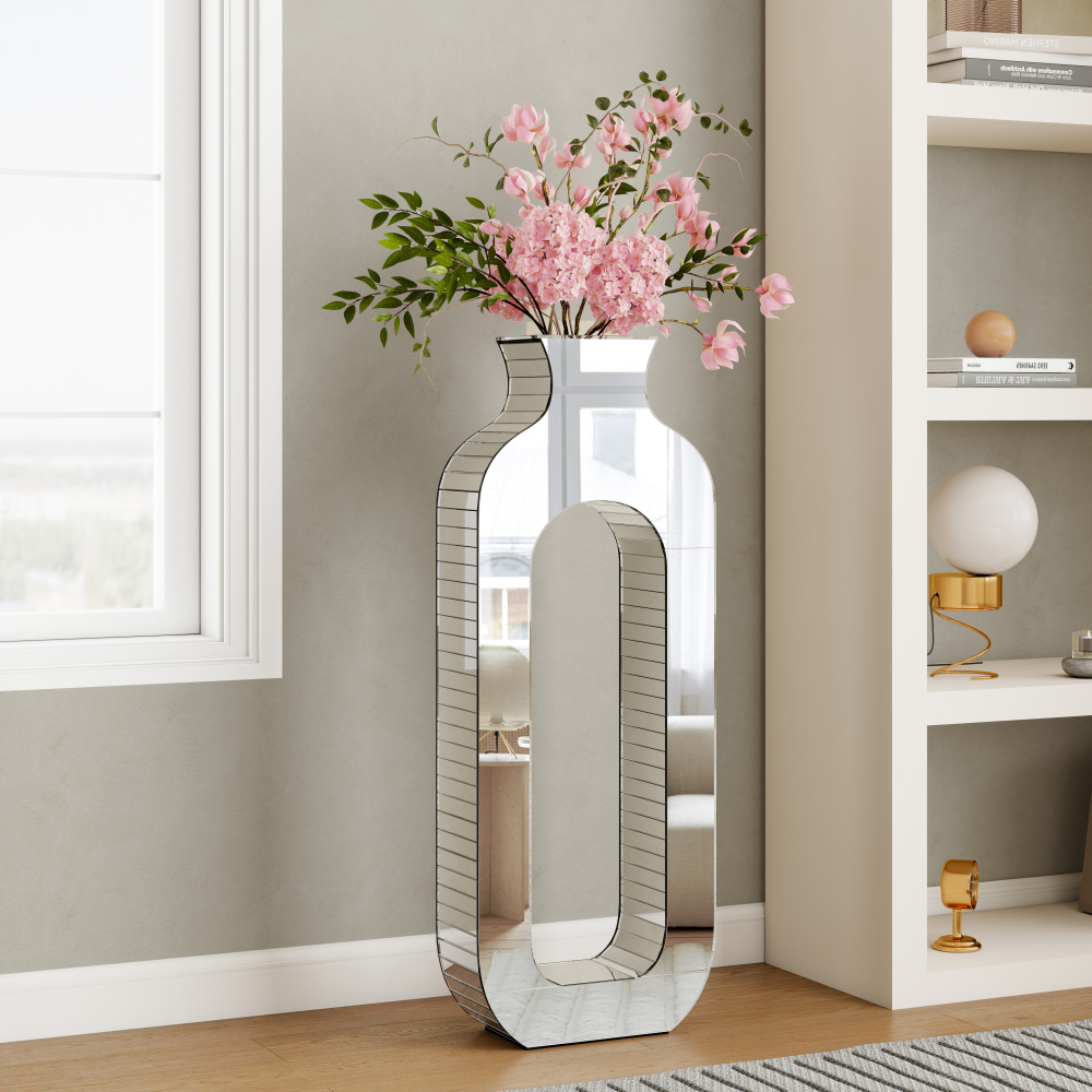 Large Floor Vase, 23.74“ Tall Mirrored Vase Glass for Floor Silver Rectangular Decorative Vases