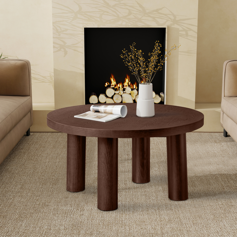 Modern Round Coffee Table with Solid Wood Legs – Stylish Centerpiece for Living Room with Neutral Tones and Elegant Floral Arrangement