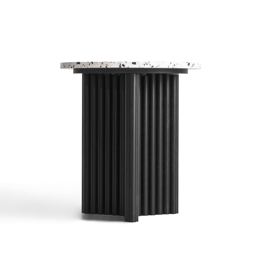 Modern Fluted Side Table, Stone End Table with Terrazzo Top & Black Fluted Ash Wood Base