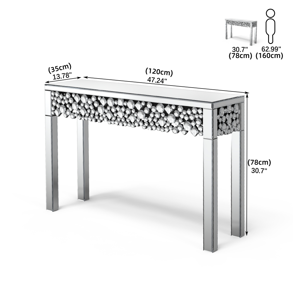 Glam Mirrored Entryway Table Console Table with Crystal Frame