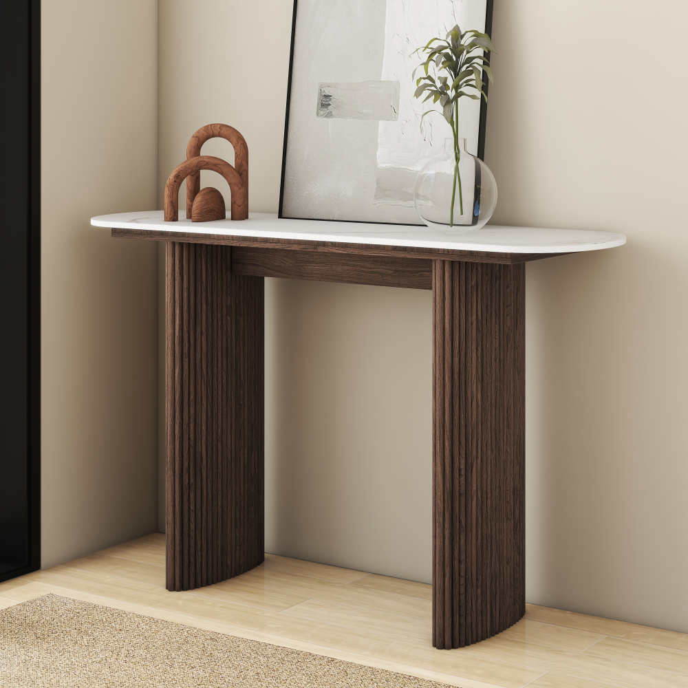 47.24" Walnut Console Table with Sintered Stone Top, Fluted Solid Wood Base Sofa Table