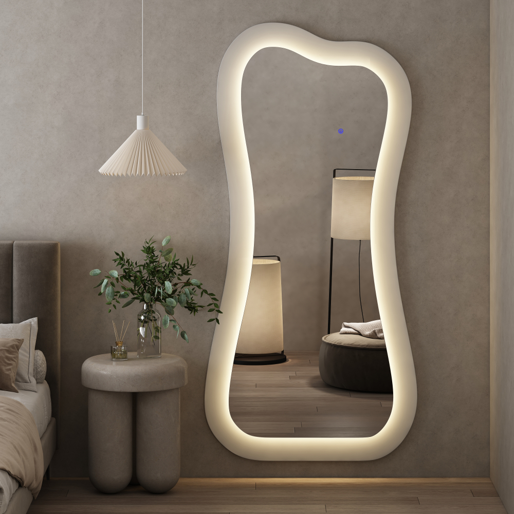 Modern Creative White Wood Floor Mirror with LED Home Furniture Livingroom Bedroom Decorative Art Makeup Dressing Mirror