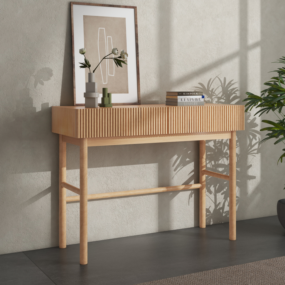 41.7" Console Table for Entryway, Sofa Table with 2 Drawers, Solid Wood Legs, White Oak Finish Hallway Table
