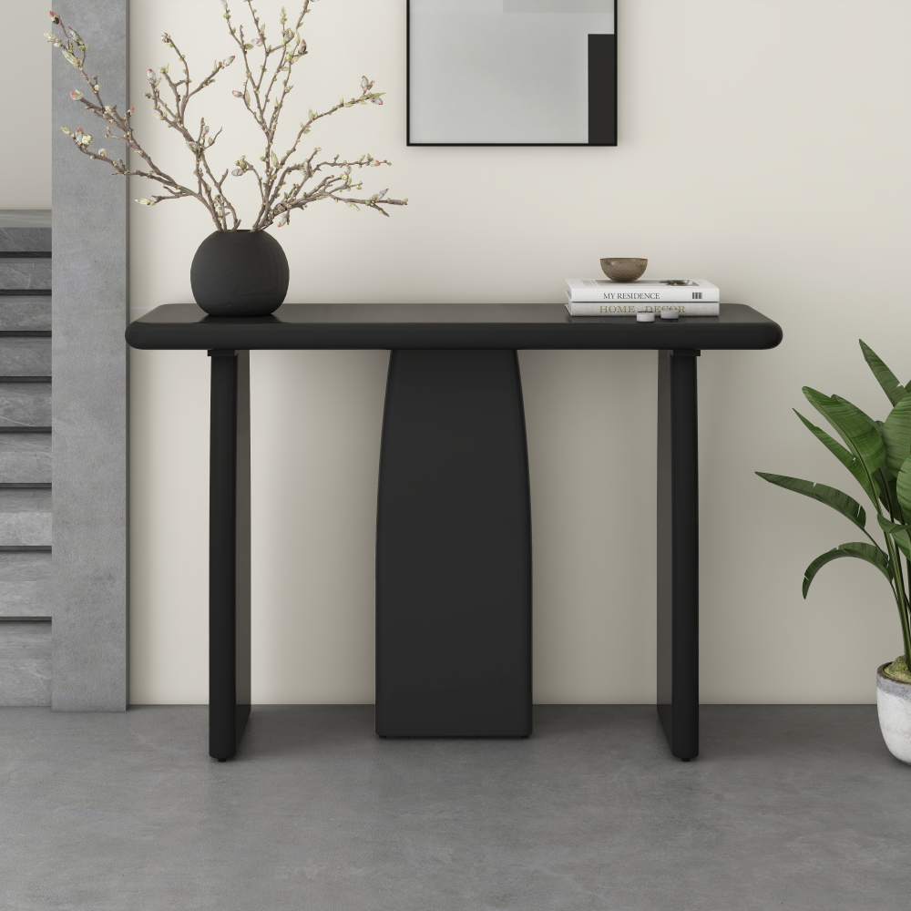 47.24" Black Modern Console Table with 3 Legs, Natural Wood Grain Entryway Table, Sofa Table for Living Room