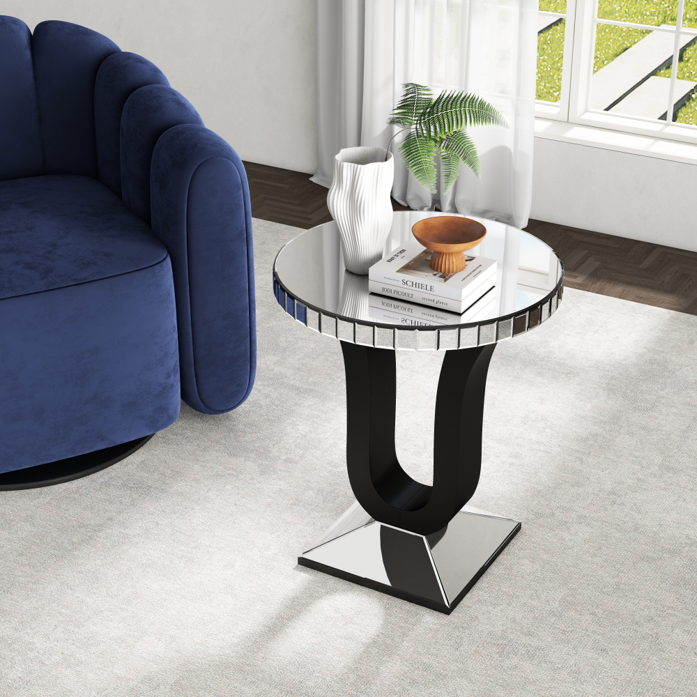 SHYFOY Modern Mirrored Side Table with Black Wood Base