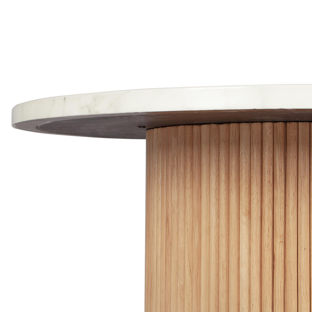 35" Fax Marble Top Coffee Table Round, Solid Wood Fluted Base Coffee Table