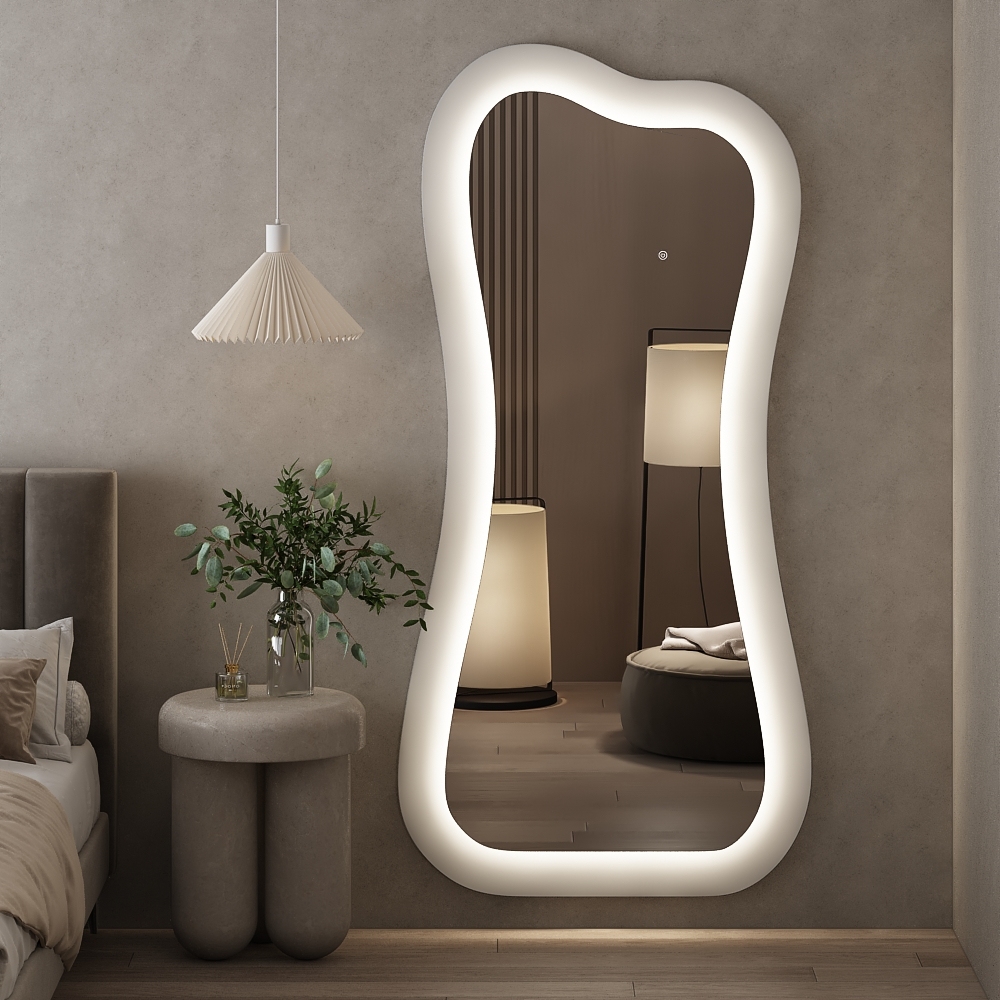Modern Creative White Wood Floor Mirror with LED Home Furniture Livingroom Bedroom Decorative Art Makeup Dressing Mirror