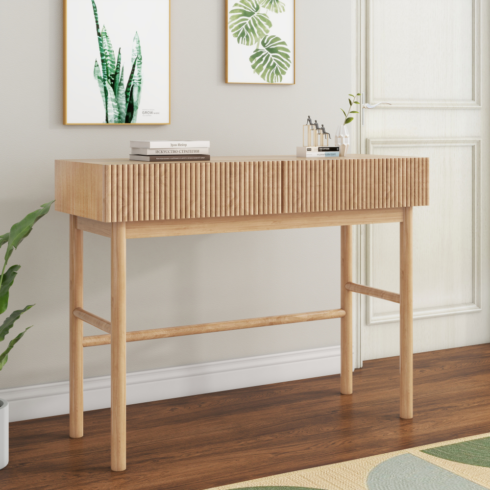 41.7" Console Table for Entryway, Sofa Table with 2 Drawers, Solid Wood Legs, White Oak Finish Hallway Table