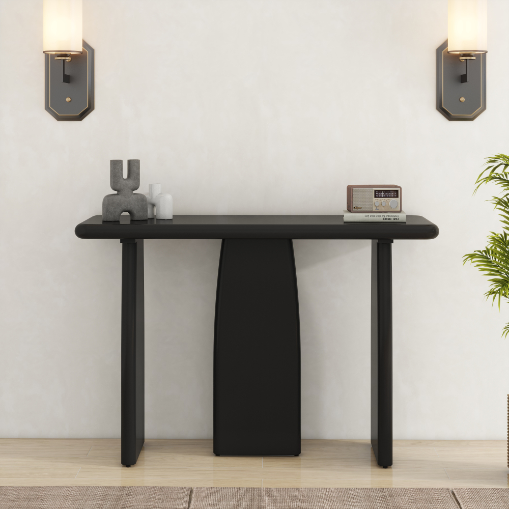 47.24" Black Modern Console Table with 3 Legs, Natural Wood Grain Entryway Table, Sofa Table for Living Room
