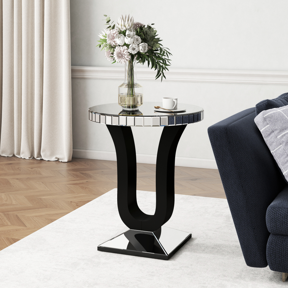 SHYFOY Modern Mirrored Side Table with Black Wood Base