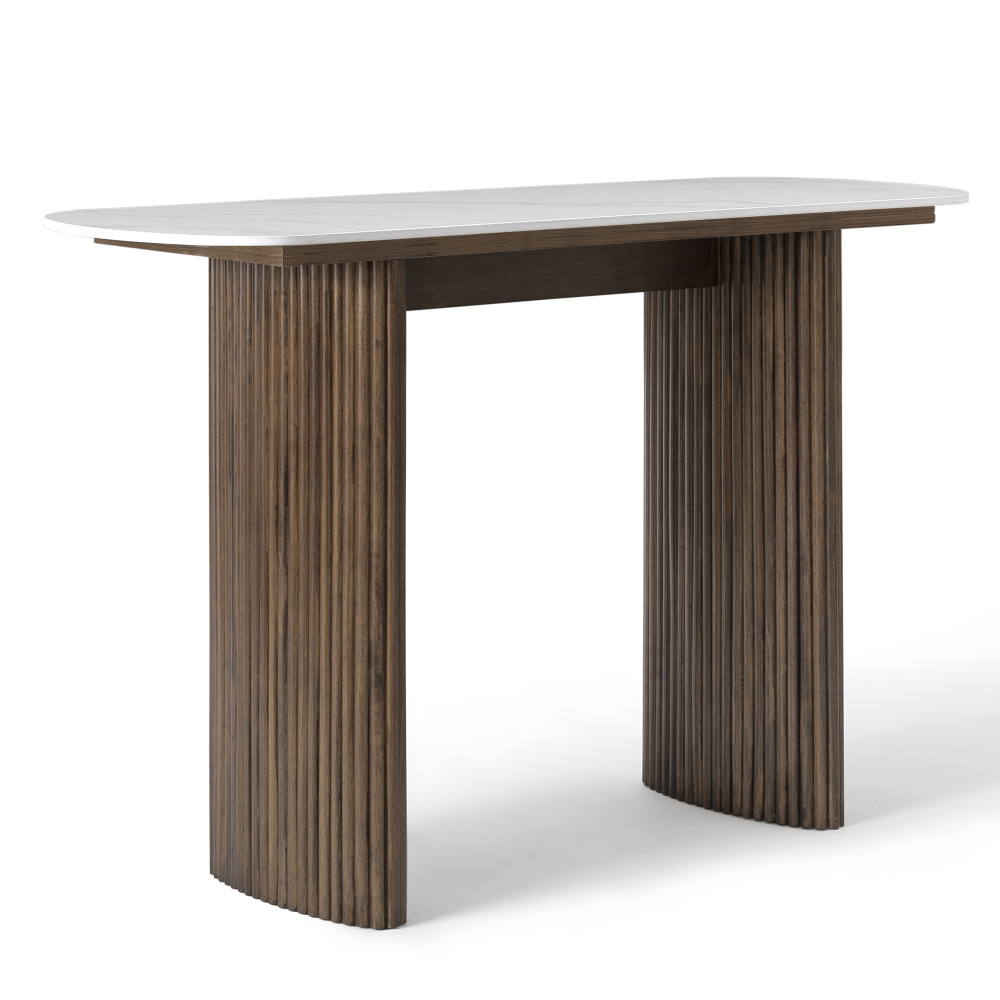 47.24" Walnut Console Table with Sintered Stone Top, Fluted Solid Wood Base Sofa Table